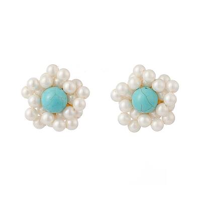 Synthetic Green Turquoise & Shell Pearl Braided Flower Stud Earrings