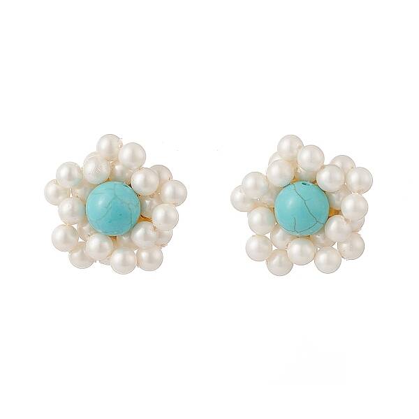 Synthetic Green Turquoise & Shell Pearl Braided Flower Stud Earrings