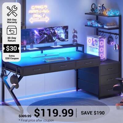 SEDETA | 55 Inch Reversible PC Desk with Power Outlet Gaming Desk with Storage LED Lights Corner Computer Desk with Monitor S...