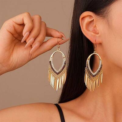 Brass Rhinestone Teardrop Tassel Chandelier Earrings