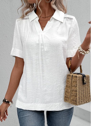 Modlily White Lace Short Sleeve Shirt Collar Blouse - XXL