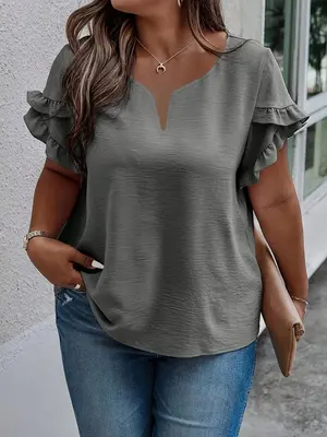 Plus Size Plain Frill Trim Petal Sleeve Notched Neck Tee, Casual Short Sleeve T-shirt for Daily Wear, Women Plus Clothing for...