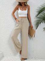 Women's Plain Pocket Tie Front Elastic Waist Straight Leg Pants, Casual High Waist Wideleg Trousers for Daily Wear, Ladies Bo...