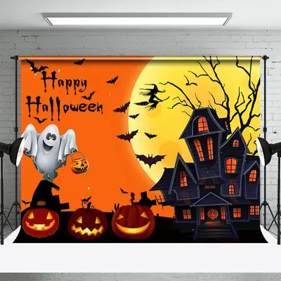 Moon Black Castle Orange Pumpkin Halloween Backdrop - Aperturee