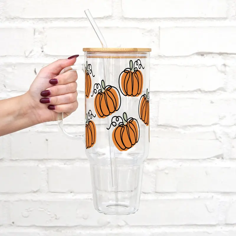 Sip-Sip Hooray! Fall Pumpkins Glass Cup – Tumbler with Lid & Straw, Aesthetic Fall Drinkware, Halloween & Thanksgiving Coff...