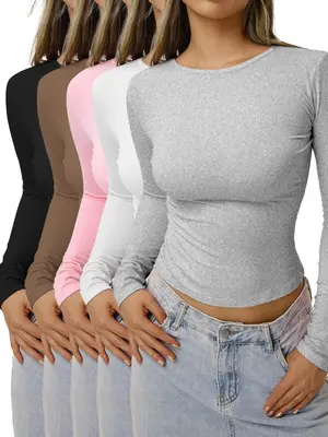 Women's Solid Ruched Long Sleeve Crop Lounge Tee, Casual Comfy Round Neck T-shirt for Daily Wear, Ladies Sleepwear for Spring...