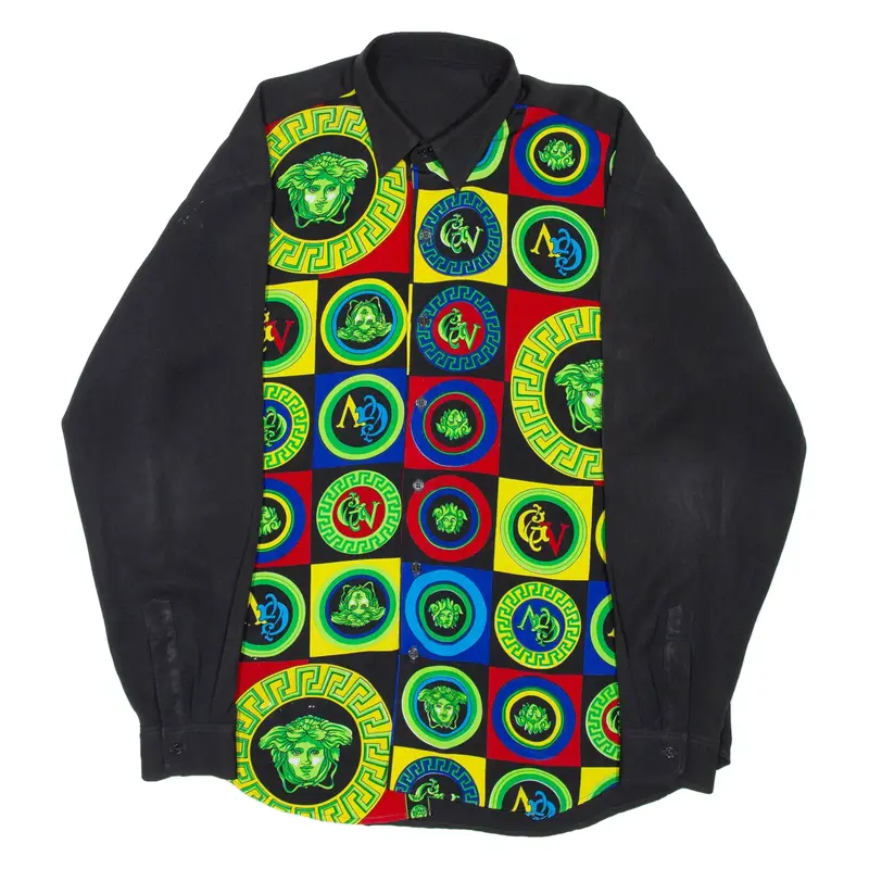 Mens Shirt Black Crazy Pattern Long Sleeve XL
