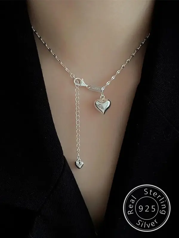 S925 Sterling Silver Heart Shaped Pendant Necklace & Earrings for Women, Fashion Jewelry Set for Party, Daily Clothing Decor,...