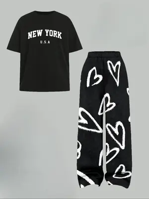 Girl's Heart Print Tee & Heart Print Pants Set, Casual Fashion Cozy Round Neck Long Sleeve T-shirt  & Trousers for Daily Outd...