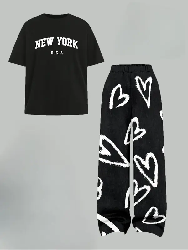 Girl's Heart Print Tee & Heart Print Pants Set, Casual Fashion Cozy Round Neck Long Sleeve T-shirt  & Trousers for Daily Outd...