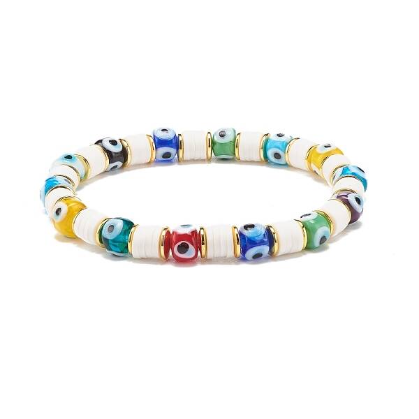 Lampwork Evil Eye & Polymer Clay Heishi Stretch Bracelet