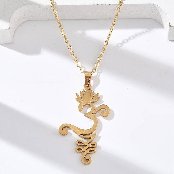 304 Stainless Steel Hollow Cut Yoga Om Lotus Flower Pendant Necklaces