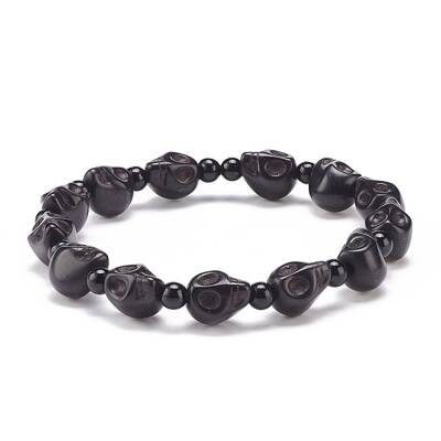 Natural Mashan Jade Skull & Synthetic Turquoise(Dyed) Beaded Stretch Bracelet