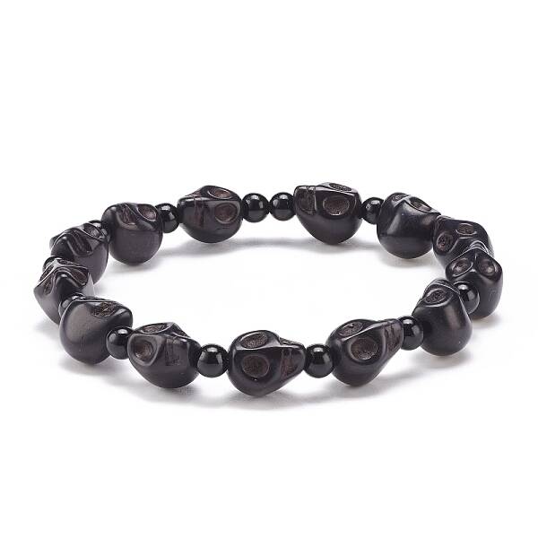 Natural Mashan Jade Skull & Synthetic Turquoise(Dyed) Beaded Stretch Bracelet