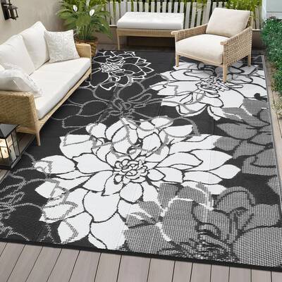 Garvee Outdoor Rugs 9x12 UV Resistant Waterproof Patio Rug, Reversible Plastic Straw, Portable with Stakes, Modern Floral for...