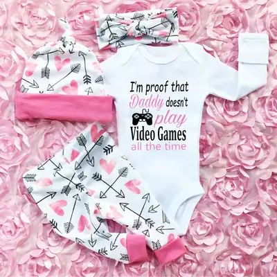 4Pcs Baby Girls Pants Set Newborn Letter Romper Infant Toddler Arrow Heart Pants Hats Headband Outfits