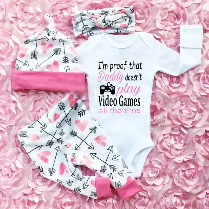 4Pcs Baby Girls Pants Set Newborn Letter Romper Infant Toddler Arrow Heart Pants Hats Headband Outfits