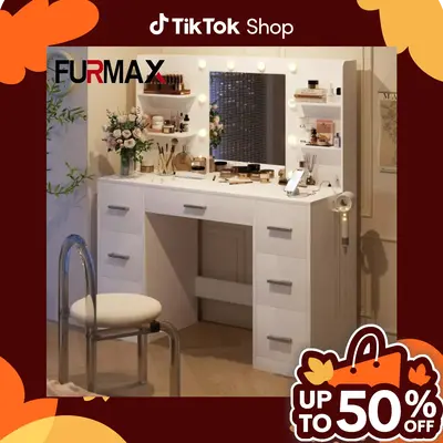 FURMAX Makeup Vanity with Mirror and Drawers Vanity Desk Set with 3 Modes Adjustable Brightness Lights and USB Power Outlet