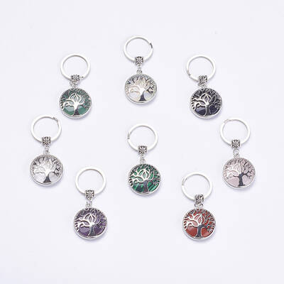 Flat Round with Tree of Life Gemstone Keychain