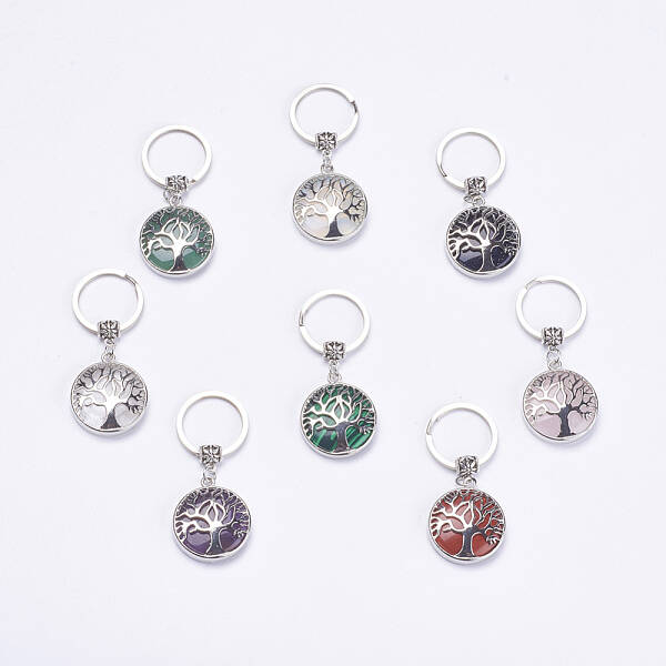 Flat Round with Tree of Life Gemstone Keychain