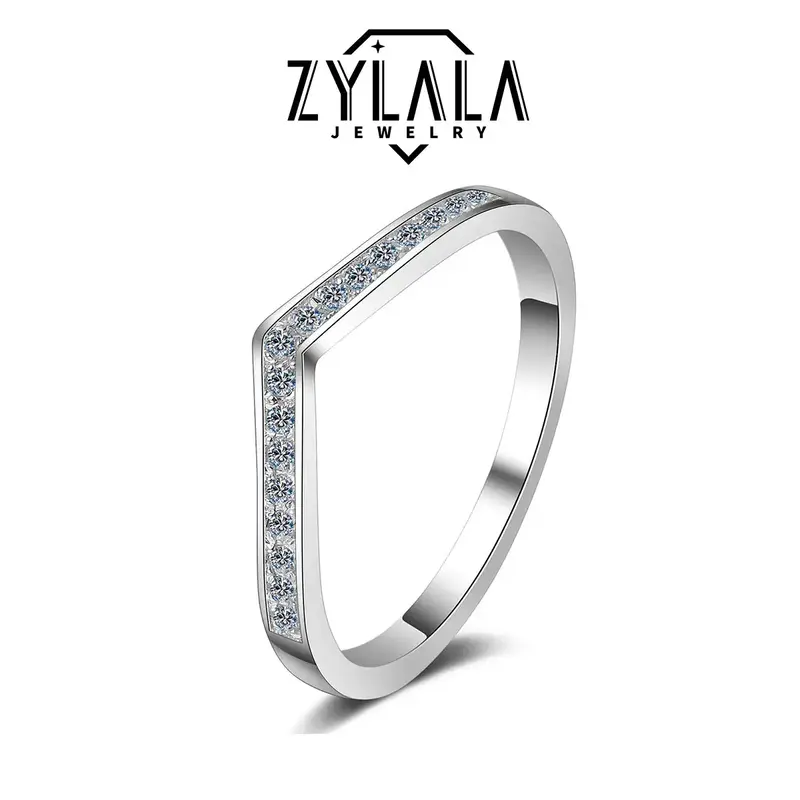 [047] Synthetic Moissanite Ring V-Shape Band 925 Silver Jewelry Engagement Casual Daily Wearing With Certificate