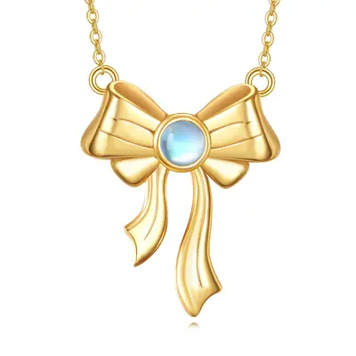 14K Gold Moonstone Bow Pendant Necklace