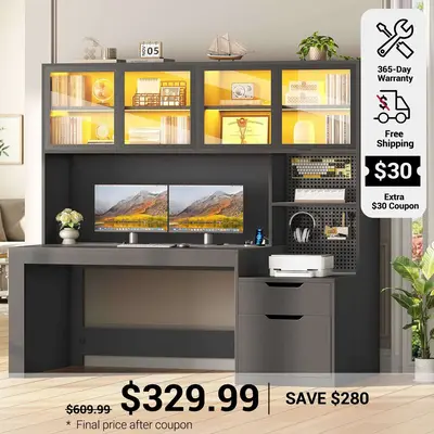 SEDETA ® 55 Inch Executive Office Desk with 2 Drawers and Display Cabinet Home Office Desk with Hutch and Printer Stand Gami...