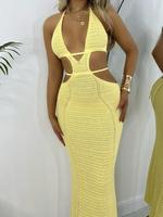 Women's Solid Cut Out Backless Halter Cover Up Dress, Casual Tie Back Sleeveless Cover Up Dress for Beach Swimming Holiday V...