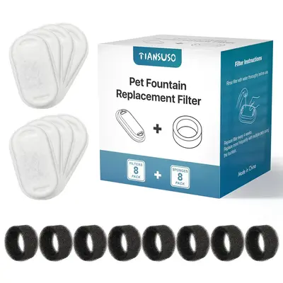 Cat Water Fountain Filters, 8 Pack Replacement Filters & 8 Sponges for TIANSUSO 108oz/3.2L Pet Water Fountain, 4 Months Set o...