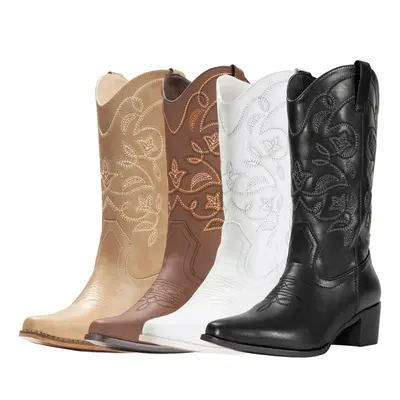 Cowboy Boots For WoMen with Wide Square Toe Western Retro Boot Durable Classic Fashionable Embroidered Pull On Slip Resistant...