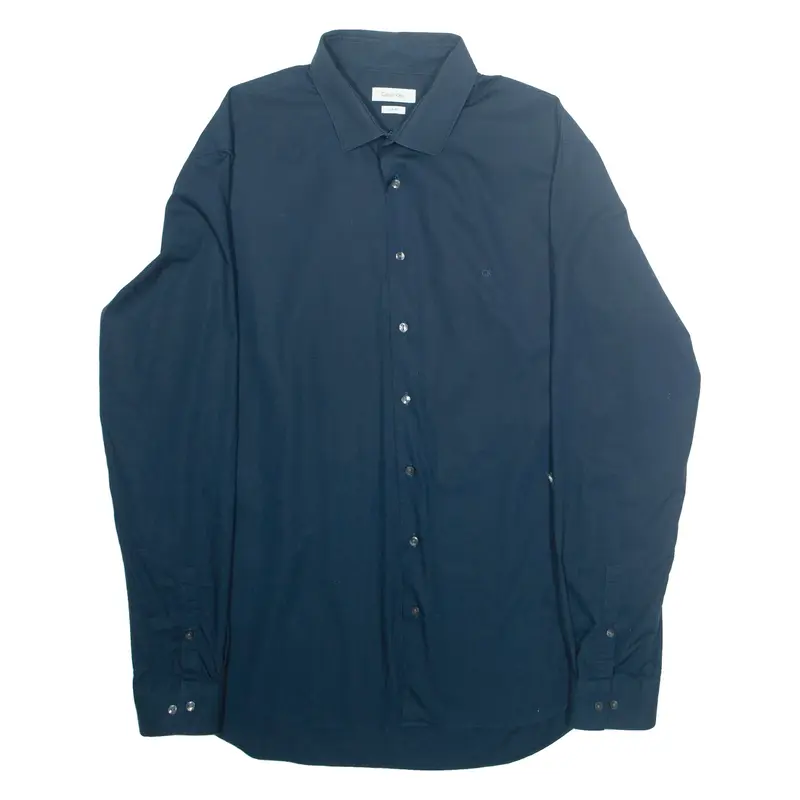 CALVIN KLEIN Slim Fit Mens Plain Shirt Blue Long Sleeve XL