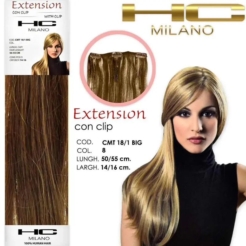 Hc milano extension 3 remy clips width 14-16cm length 50/55 cm col.8 light beige 8.013