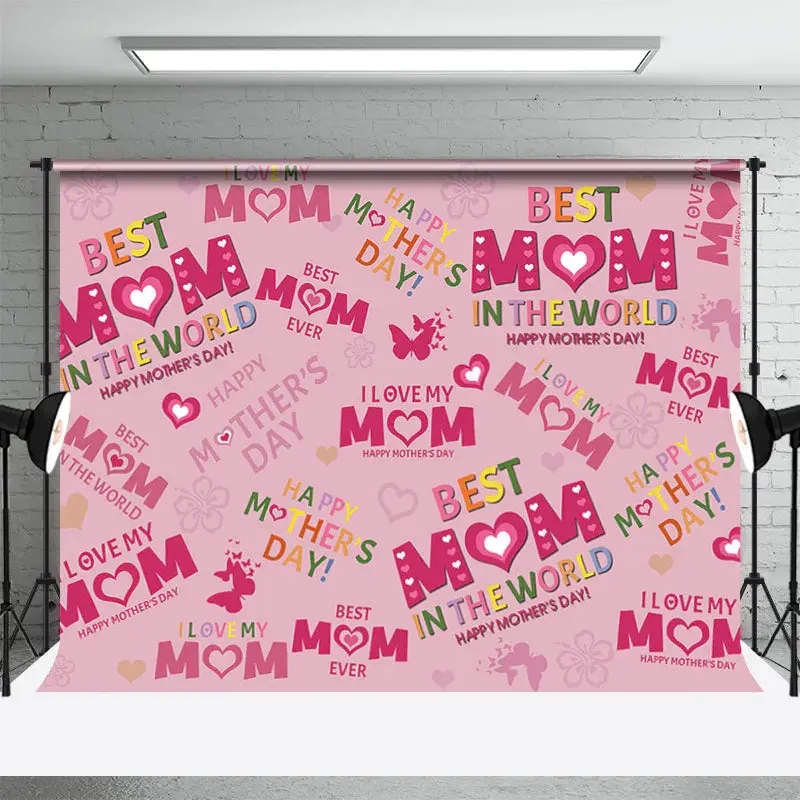 Best Mom Pink Slogen Butterfly Mothers Day Backdrop - Aperturee