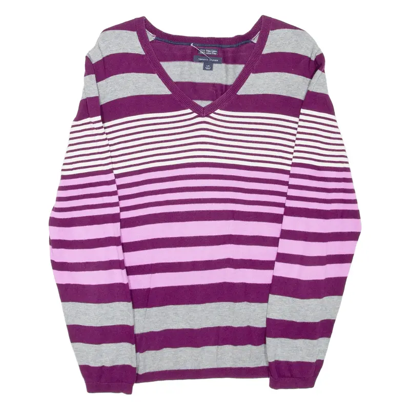 TOMMY HILFIGER Womens Patterned Jumper Pink Striped V-Neck Tight Knit L