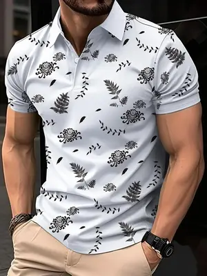 Men's Plants Print Short Sleeve Polo Shirt, Regular Fit Casual Button Front Polo Neck Top, Men's Streetwear for Summer Daily ...