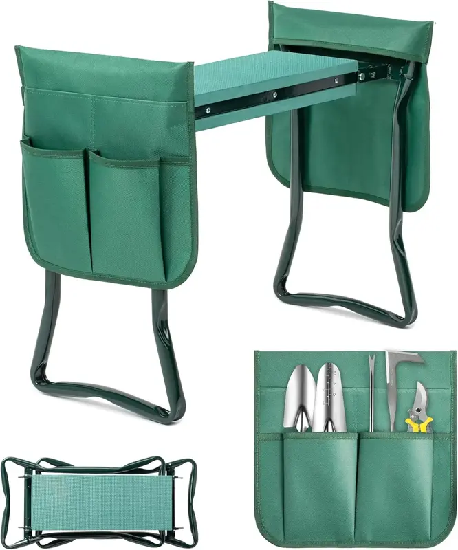 Garden Kneeler and Seat - Foldable Bench with Soft EVA Foam Pad Tool Pouches & Apron Durable Steel Frame for Gardening Campin...