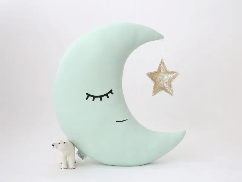 Green Mint Crescent Moon Pillow with Crown or Star