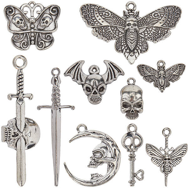50Pcs 10 Styles Skeleton Theme Tibetan Style Alloy Pendants