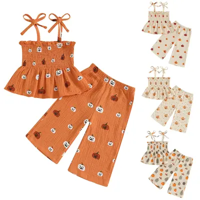 REDWOON Halloween Toddler Girl Outfit Pumpkin Smocked Tie-up Spaghetti Strap Tops Leg Pants Halloween Baby Girl Clothes