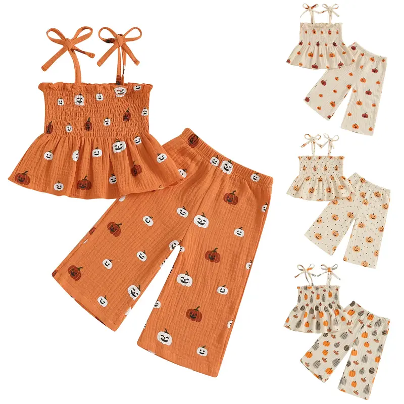 REDWOON Halloween Toddler Girl Outfit Pumpkin Smocked Tie-up Spaghetti Strap Tops Leg Pants Halloween Baby Girl Clothes