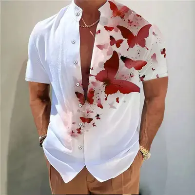 2025 Men's Shirt Butterfly Pattern 3D Printing Stand Collar Multi-color Outdoor Street Short Sleeve Hawaiian Muslim Men Cloth...