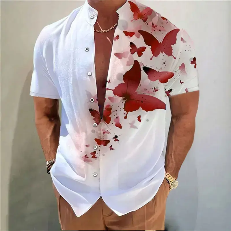 2025 Men's Shirt Butterfly Pattern 3D Printing Stand Collar Multi-color Outdoor Street Short Sleeve Hawaiian Muslim Men Cloth...