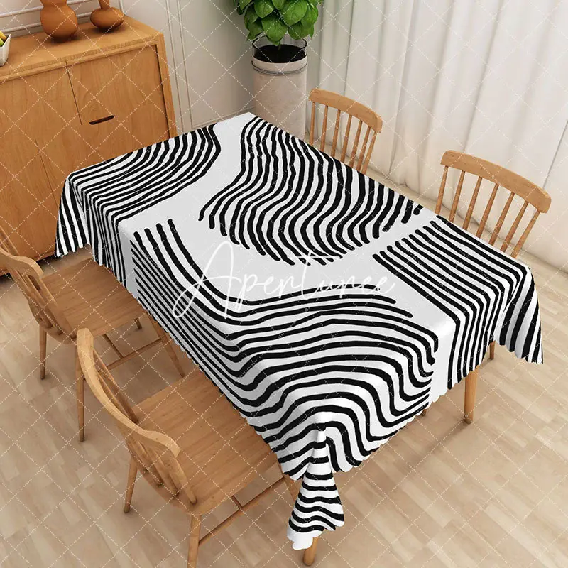 Aperturee Dynamic Black And White Waves Striped Tablecloth, 52 x 70 inch, 30.82 USD, rectangle tablecloths, ZJY04935-A