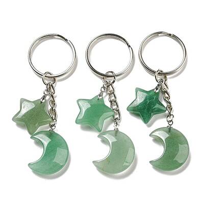 Reiki Natural Green Aventurine Moon & Star Pendant Keychains