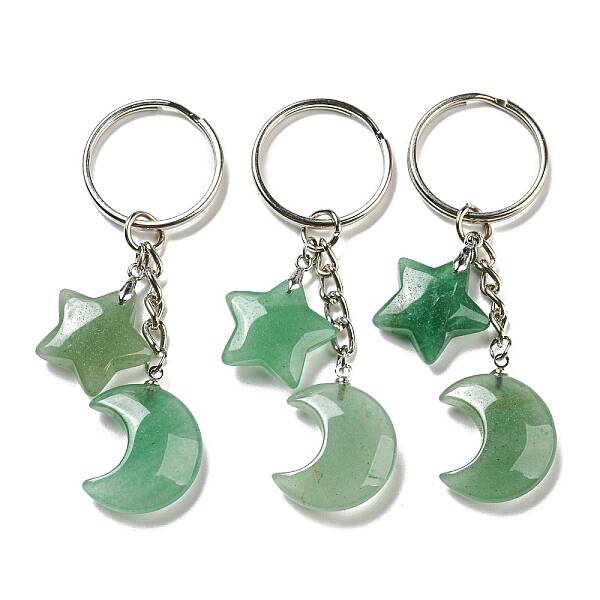 Reiki Natural Green Aventurine Moon & Star Pendant Keychains
