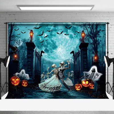 Aperturee Spooky Moon Grave Dancing Skeleton Halloween Backdrop - Aperturee