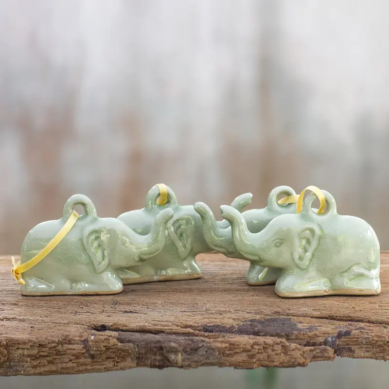NOVICA Green Holiday Elephants Fair Trade Celadon Ceramic Christmas Ornaments (Set of 4)
