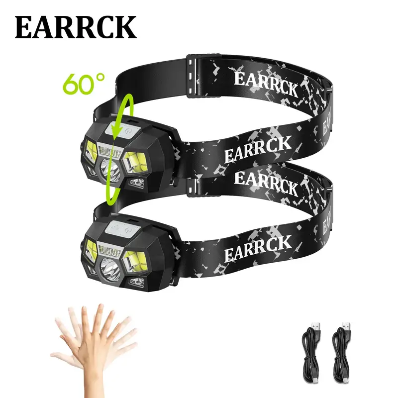 2PC LED Rechargeable Headlamp with 8 Modes and White&Red Light, Headlight Adjustable Angle, Waterproof, Motion Sensor, Campin...