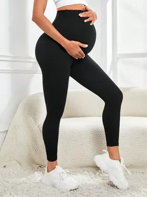 Maternity's Solid High Waist Leggings, Casual Comfy Breathable High Stretch Seamless Yoga Leggings for Pregnancy, Maternity B...