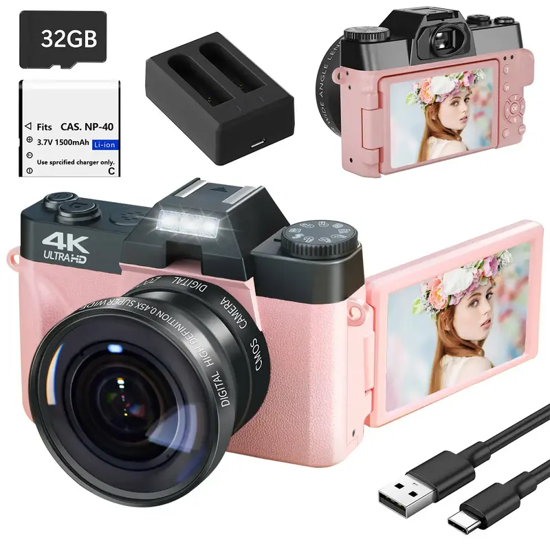 4K Digital Cameras for Photography, 4K 56MP Vlogging Camera with WiFi, 3-inch 180-degree Flip Screen, 16X Digital Zoom Studen...